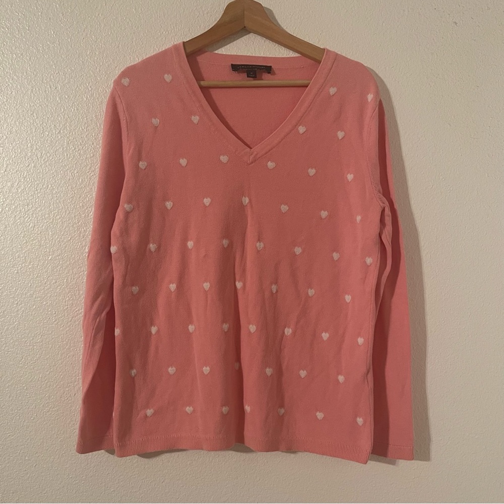 Tommy Hilfiger Womens V-Neck Pink Sweater- Medium with White Hearts
